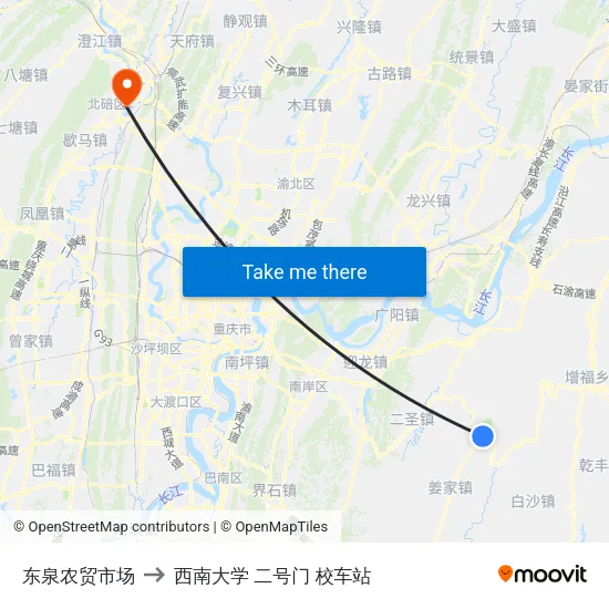 东泉农贸市场 to 西南大学 二号门 校车站 map