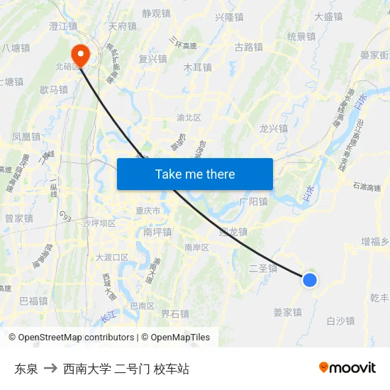 东泉 to 西南大学 二号门 校车站 map