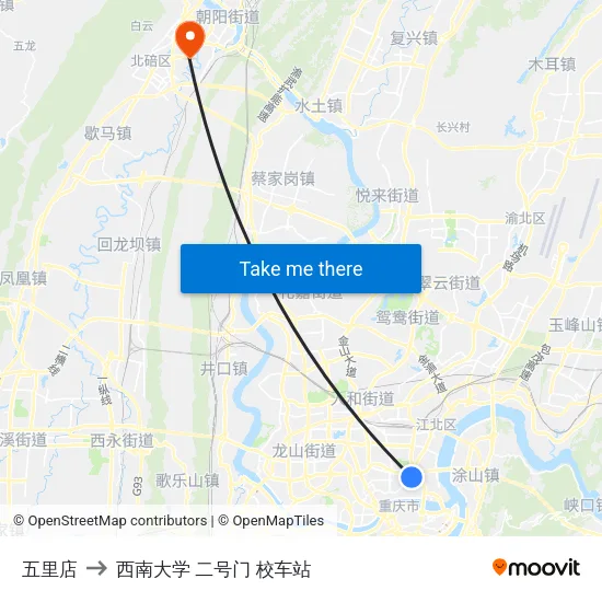 五里店 to 西南大学 二号门 校车站 map