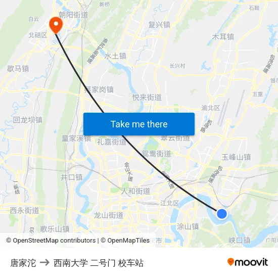 唐家沱 to 西南大学 二号门 校车站 map