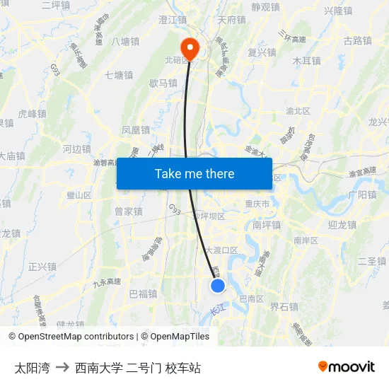太阳湾 to 西南大学 二号门 校车站 map