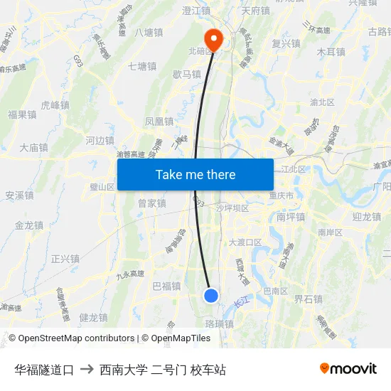 华福隧道口 to 西南大学 二号门 校车站 map