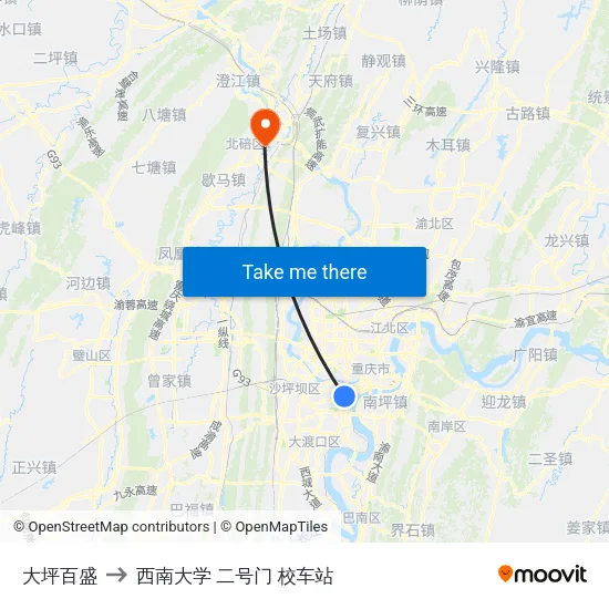大坪百盛 to 西南大学 二号门 校车站 map