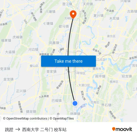 跳蹬 to 西南大学 二号门 校车站 map