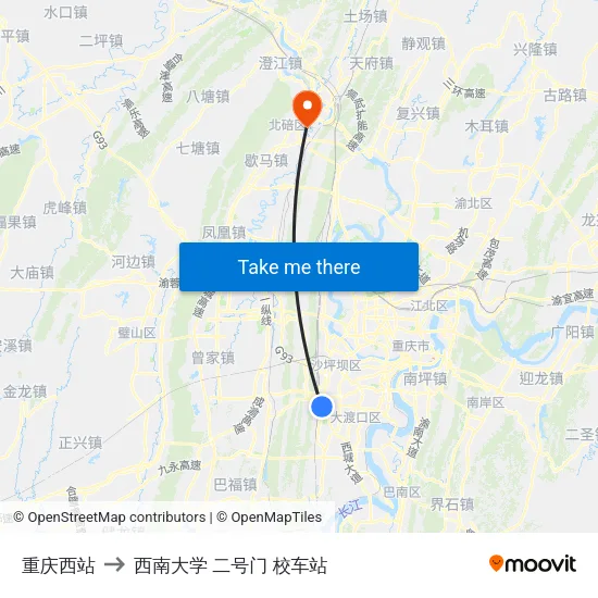 重庆西站 to 西南大学 二号门 校车站 map
