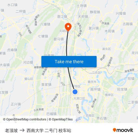 老顶坡 to 西南大学 二号门 校车站 map