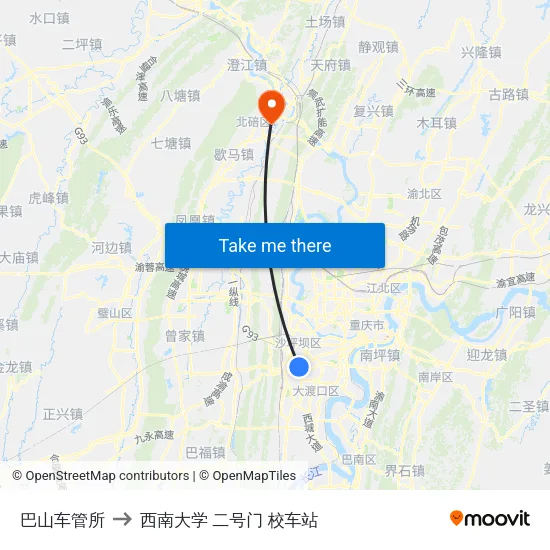 巴山车管所 to 西南大学 二号门 校车站 map