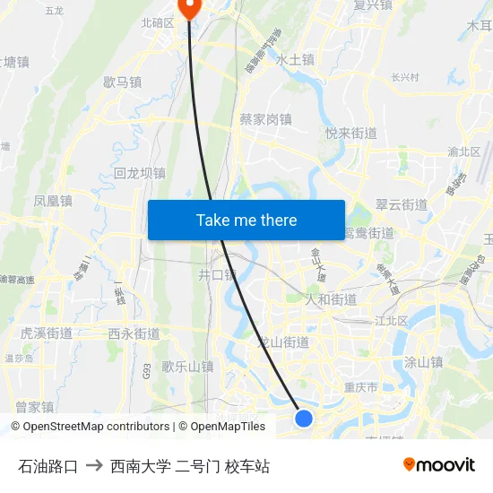 石油路口 to 西南大学 二号门 校车站 map