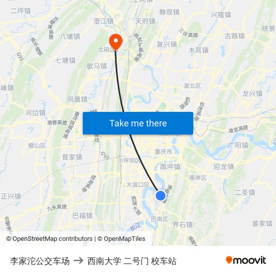 李家沱公交车场 to 西南大学 二号门 校车站 map