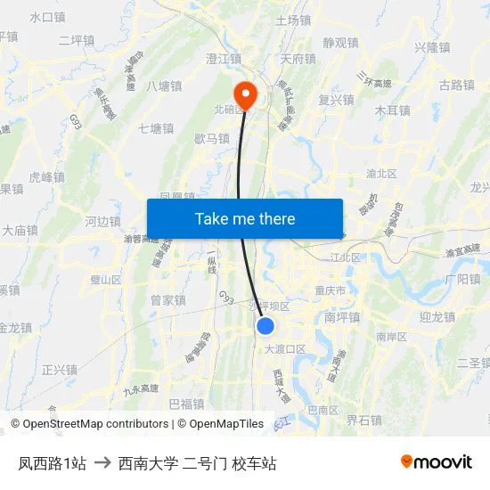 凤西路1站 to 西南大学 二号门 校车站 map