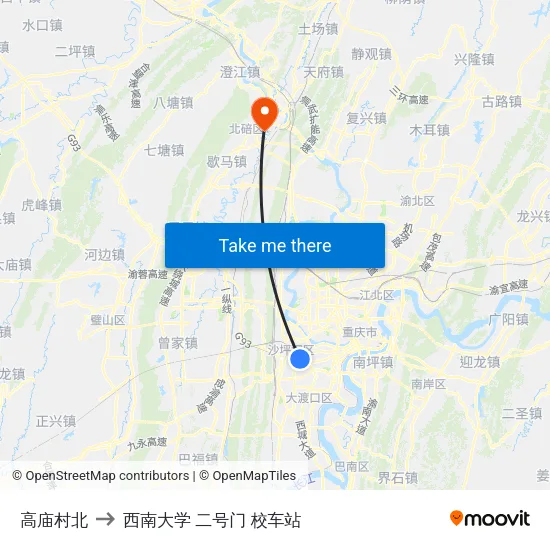 高庙村北 to 西南大学 二号门 校车站 map