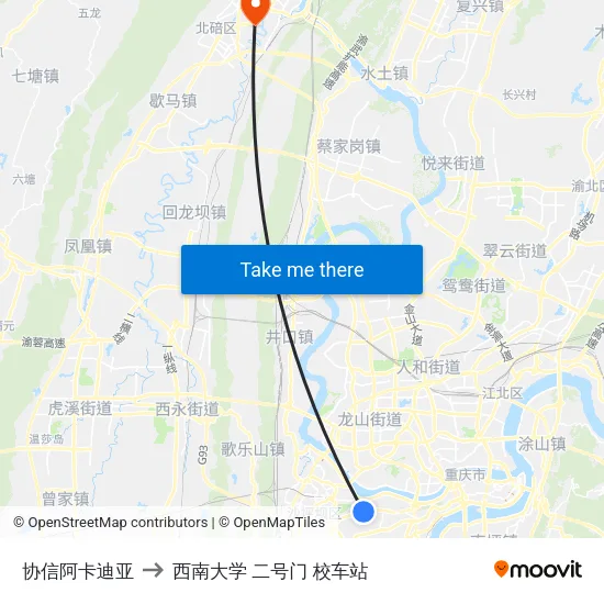 协信阿卡迪亚 to 西南大学 二号门 校车站 map