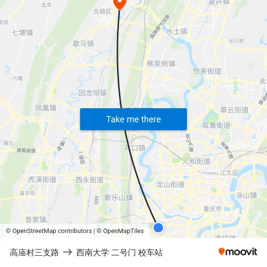高庙村三支路 to 西南大学 二号门 校车站 map