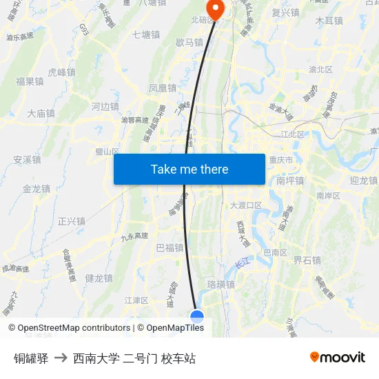 铜罐驿 to 西南大学 二号门 校车站 map