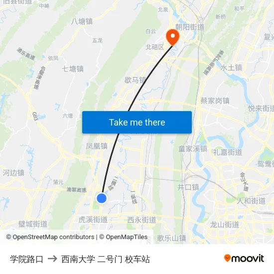 学院路口 to 西南大学 二号门 校车站 map