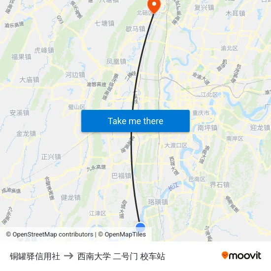 铜罐驿信用社 to 西南大学 二号门 校车站 map
