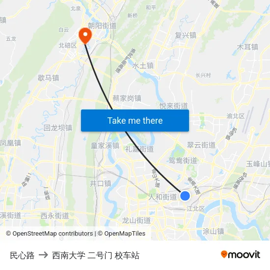 民心路 to 西南大学 二号门 校车站 map