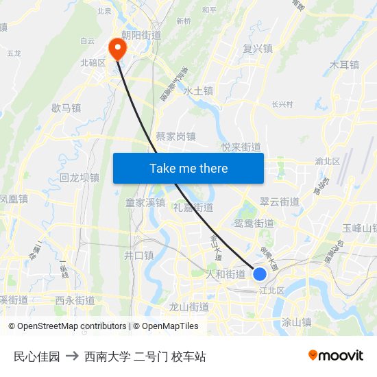 民心佳园 to 西南大学 二号门 校车站 map