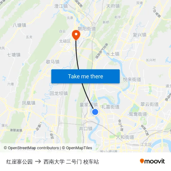 红崖寨公园 to 西南大学 二号门 校车站 map