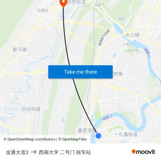 金通大道2 to 西南大学 二号门 校车站 map