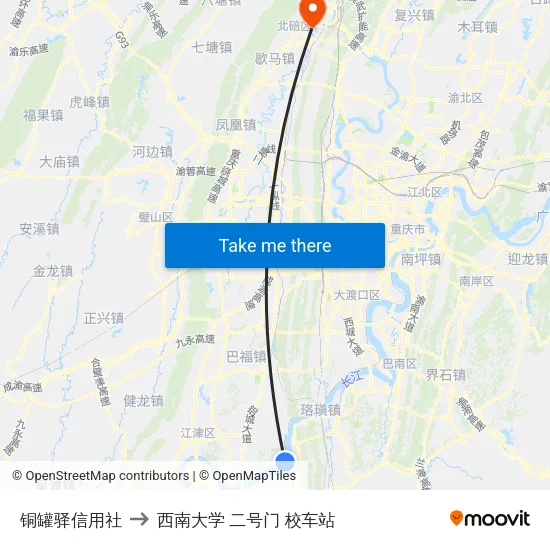 铜罐驿信用社 to 西南大学 二号门 校车站 map