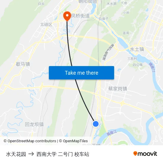 水天花园 to 西南大学 二号门 校车站 map