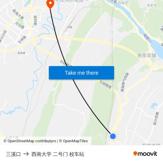 三溪口 to 西南大学 二号门 校车站 map
