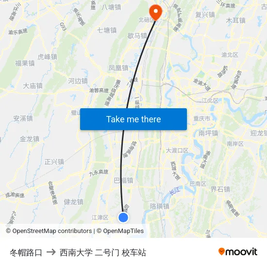 冬帽路口 to 西南大学 二号门 校车站 map
