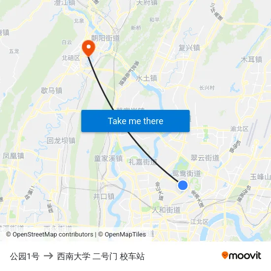 公园1号 to 西南大学 二号门 校车站 map