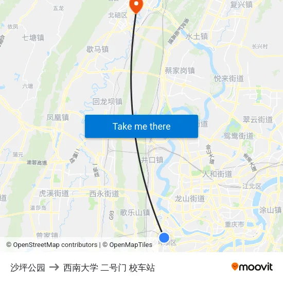 沙坪公园 to 西南大学 二号门 校车站 map