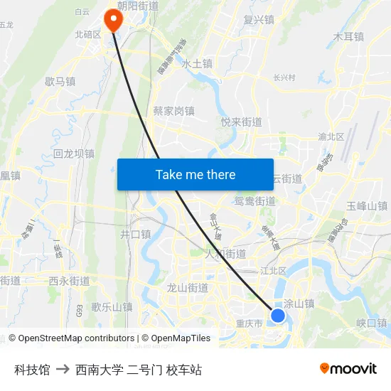 科技馆 to 西南大学 二号门 校车站 map