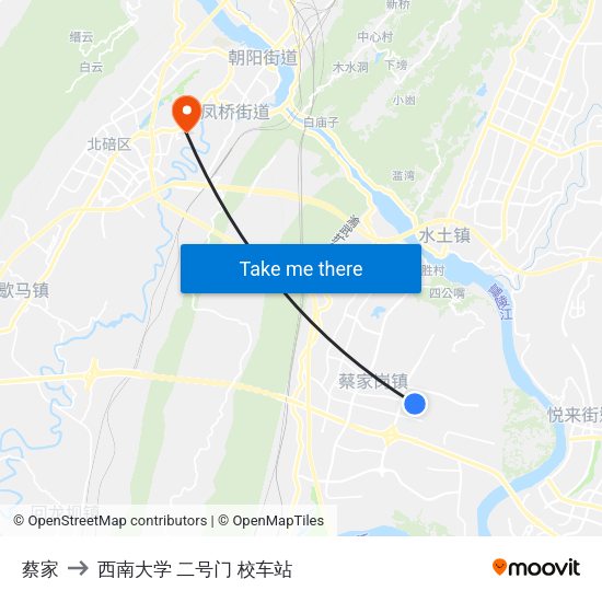 蔡家 to 西南大学 二号门 校车站 map