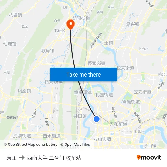 康庄 to 西南大学 二号门 校车站 map