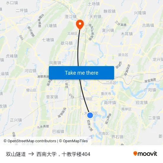 双山隧道 to 西南大学，十教学楼404 map