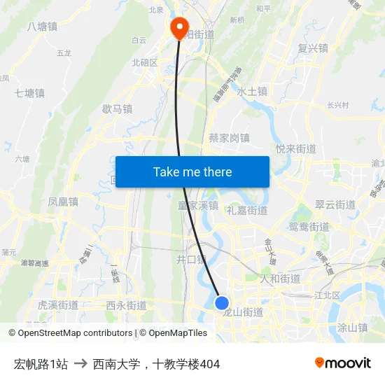 宏帆路1站 to 西南大学，十教学楼404 map