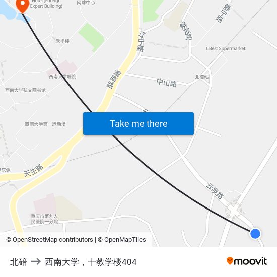 北碚 to 西南大学，十教学楼404 map