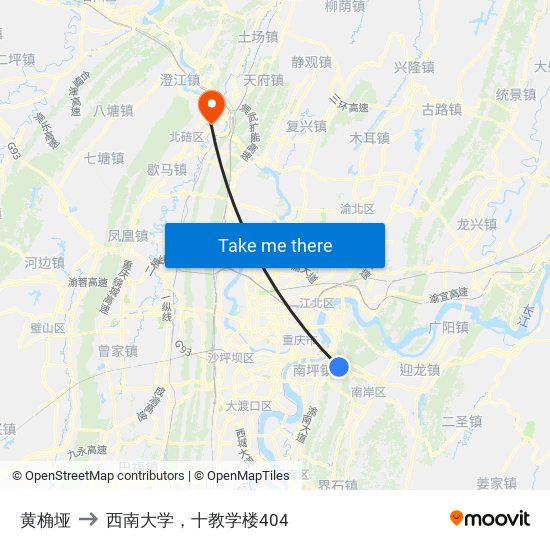 黄桷垭 to 西南大学，十教学楼404 map