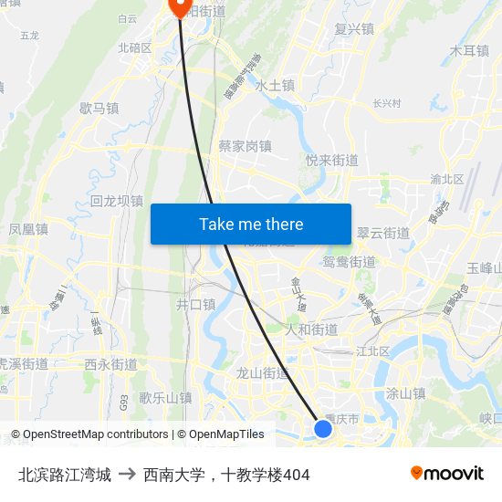 北滨路江湾城 to 西南大学，十教学楼404 map