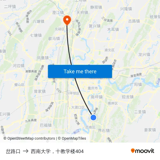 岔路口 to 西南大学，十教学楼404 map