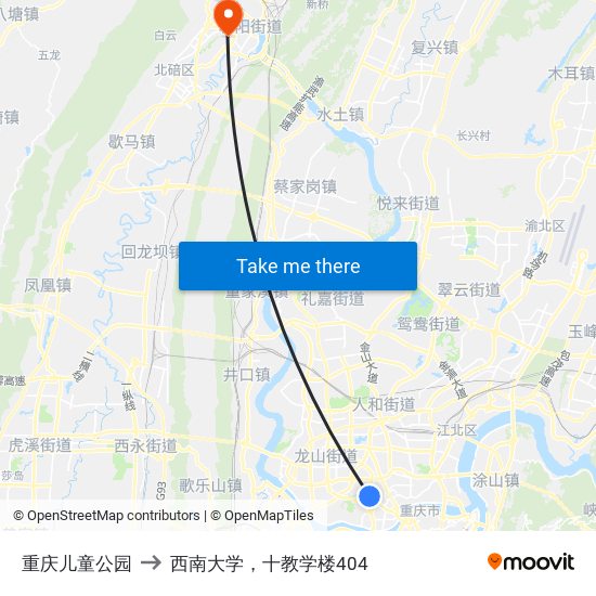 重庆儿童公园 to 西南大学，十教学楼404 map