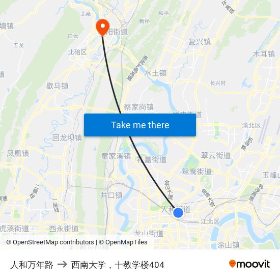 人和万年路 to 西南大学，十教学楼404 map