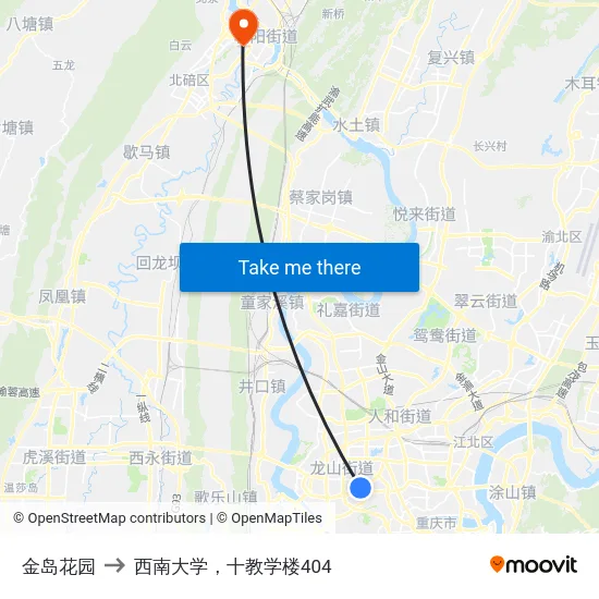 金岛花园 to 西南大学，十教学楼404 map