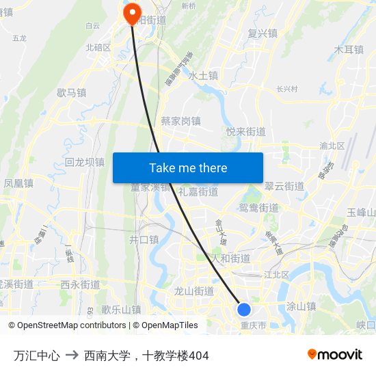 万汇中心 to 西南大学，十教学楼404 map