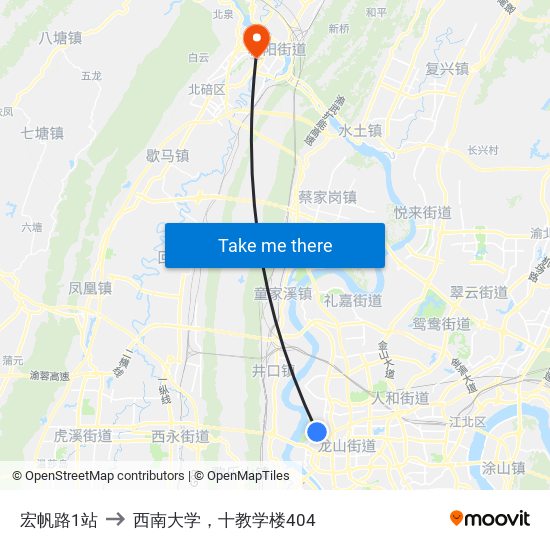 宏帆路1站 to 西南大学，十教学楼404 map