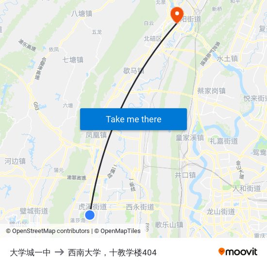 大学城一中 to 西南大学，十教学楼404 map