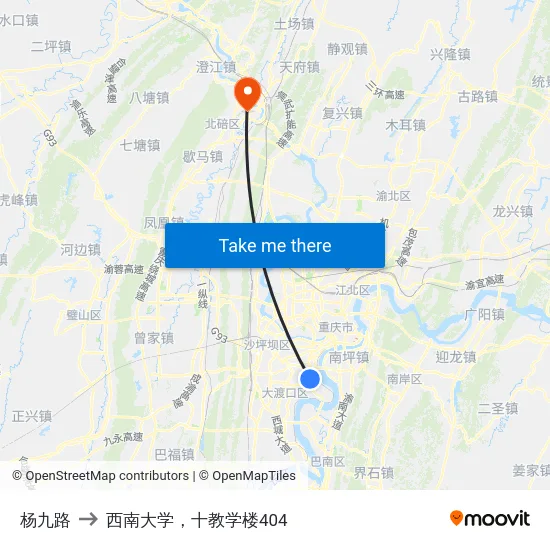 杨九路 to 西南大学，十教学楼404 map