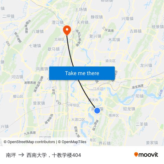 南坪 to 西南大学，十教学楼404 map