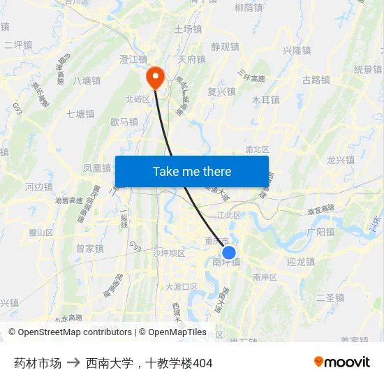 药材市场 to 西南大学，十教学楼404 map