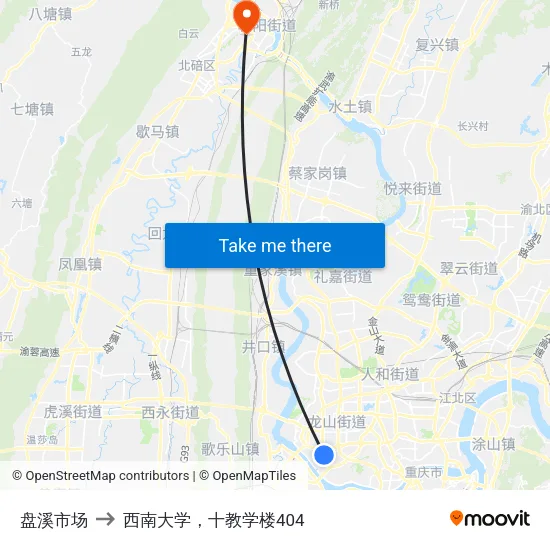 盘溪市场 to 西南大学，十教学楼404 map