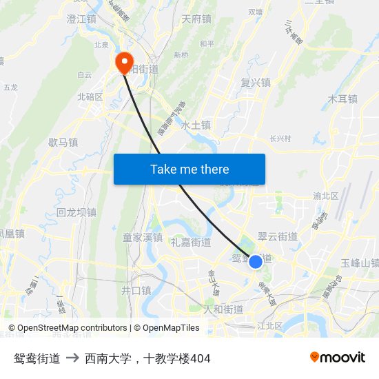 鸳鸯街道 to 西南大学，十教学楼404 map